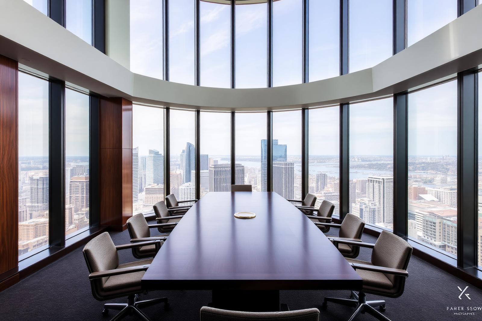 Boardroom high above the Sydney CBD with floor-to-ceiling windows overlooking the city